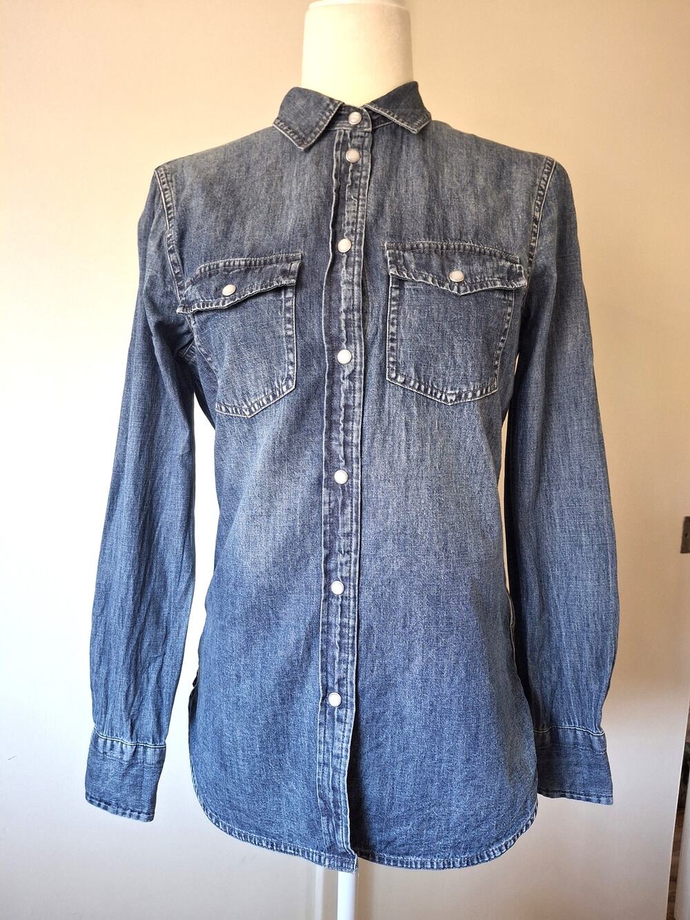 J.Crew Denim Western Shirt Womens 4 Slim Blue Pearl Snap 100% Cotton Chambray